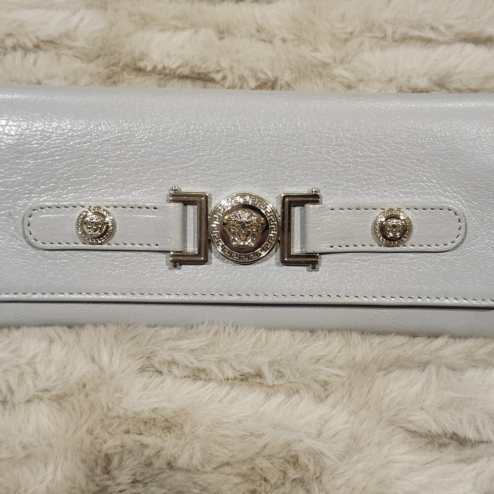 Versace EUC White Leather Clutch with Gold Medallion Hardware affordable lux!